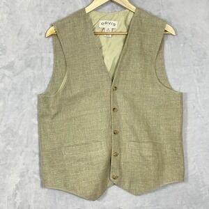 Orvis VTG Tweed 5 Button Vest Mens 38 (M) Waistcoat Olive Green Linen Silk Blend